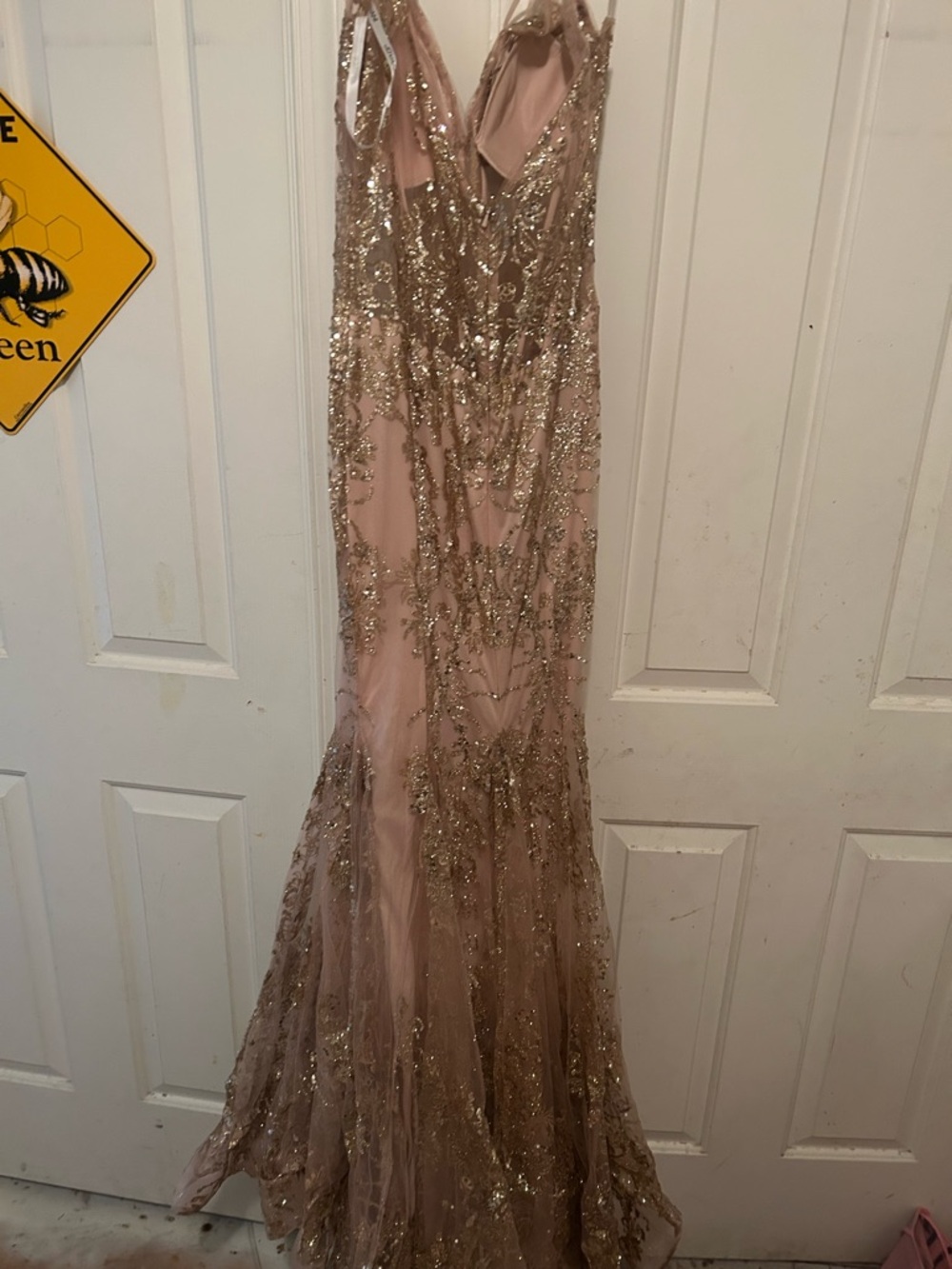 Jovani Blush Pink and Gold Embellished Prom Dress - Picture 2 of 3